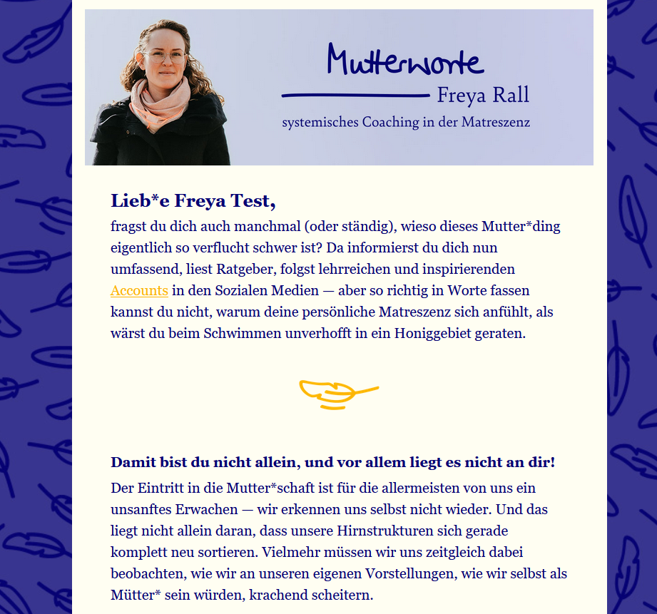 Bildschirmfoto des Newsletters. Oben befindet sich ein Banner, das Freya sowie ihr Logo zeigt, darunter die ersten Absätze des Newsletters.